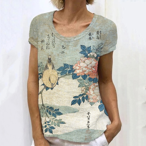 Japanese Art Flower Bird Print Casual T-Shirt