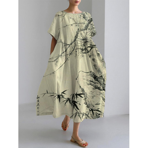 Japanese Art Flower Pattern Linen Blend  Dress