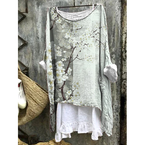 Japanese Art Flower Pattern Linen Blend Shirt