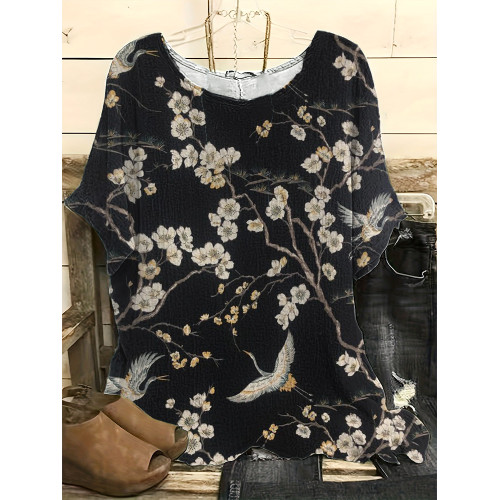 Japanese Art Flower Pattern Linen Blend Top