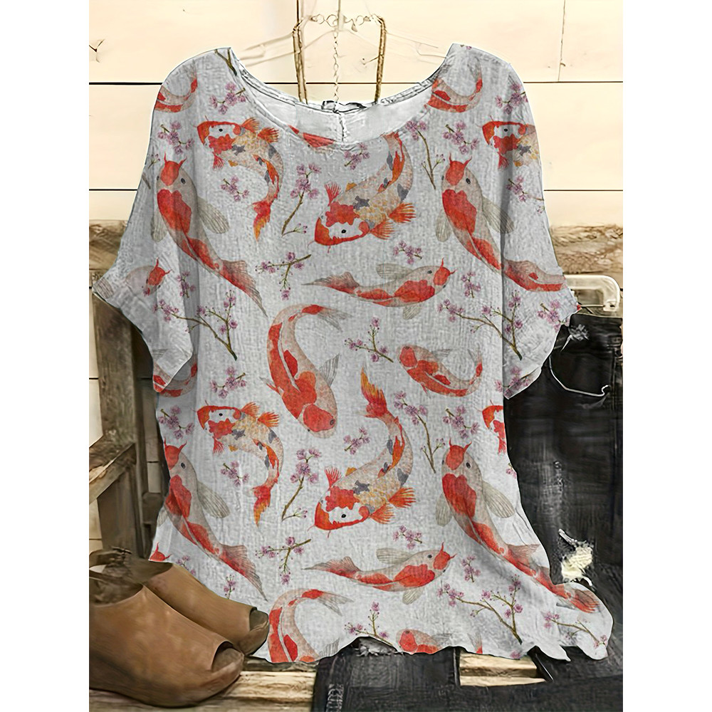 Japanese Art Flower Pattern Linen Blend Top