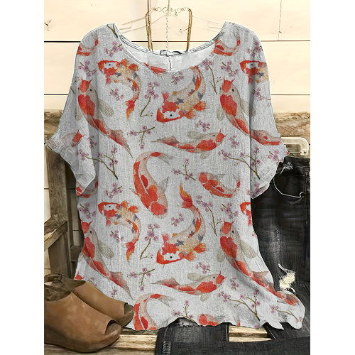 Japanese Art Flower Pattern Linen Blend Top