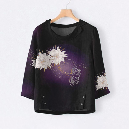 Japanese Art Flower Print Casual Blouse
