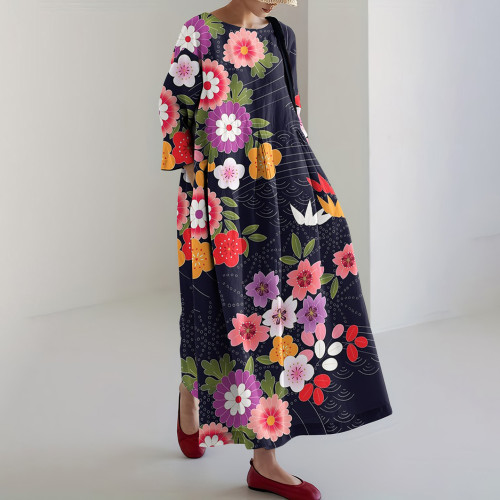 Japanese Art Flower Print Casual Loose Midi Dress