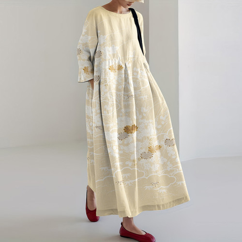 Japanese Art Flower Print Casual Midi Dress