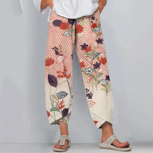 Japanese Art Flower Print Casual Pants