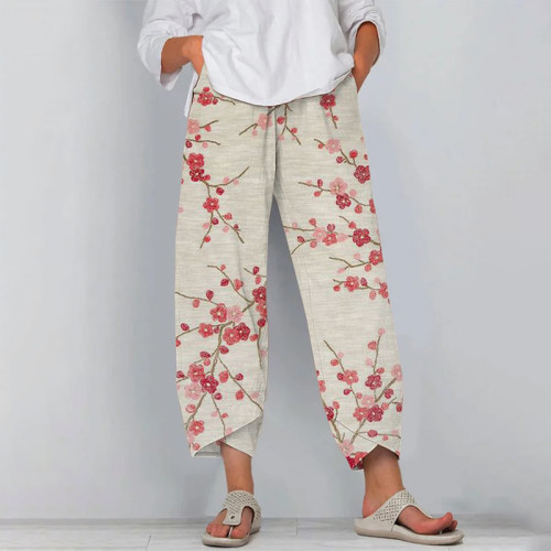 Japanese Art Flower Print Casual Pants