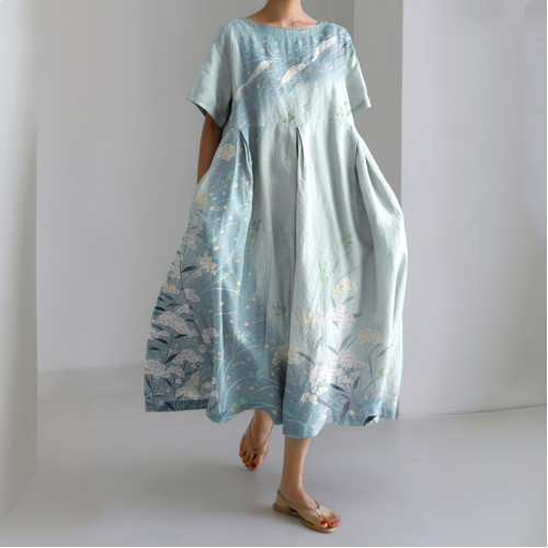Japanese Art Flower Print Casual Round Neck Short Sleeve Midi Dress