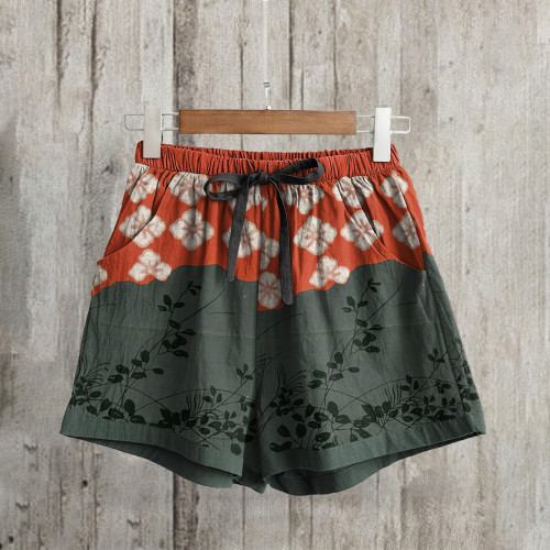 Japanese Art Flower Print Casual Shorts