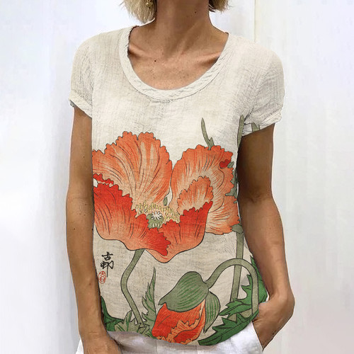 Japanese Art Flower Print Casual T-Shirt