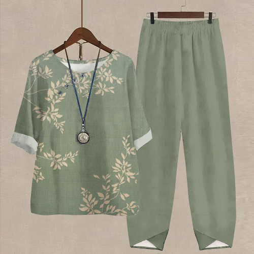 Japanese Art Flower Print Casual Two Piece Set