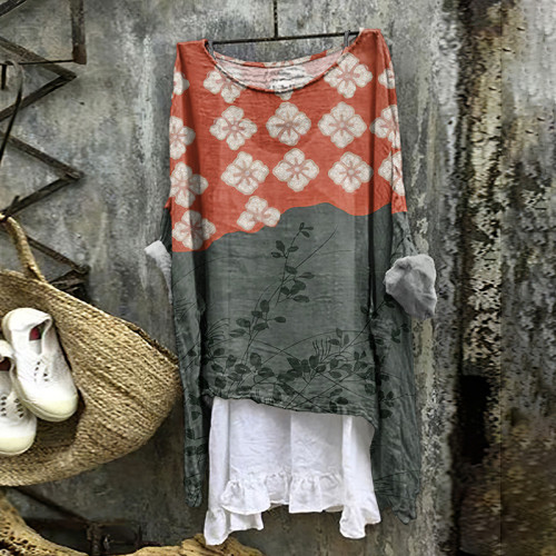 Japanese Art Flower Print Crew Neck Loose Blouse