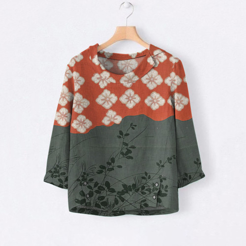 Japanese Art Flower Print Lapel Casual Blouse