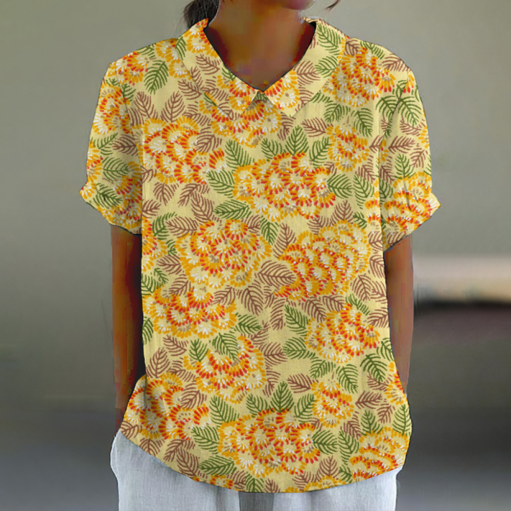 Japanese Art Flower Print Lapel Short Sleeve Blouse