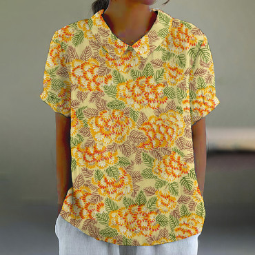Japanese Art Flower Print Lapel Short Sleeve Blouse