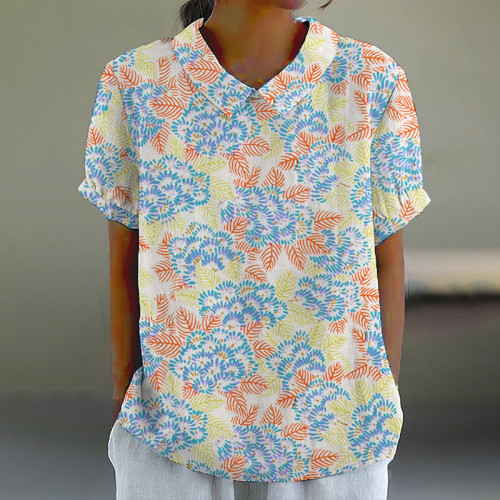 Japanese Art Flower Print Lapel Short Sleeve Blouse