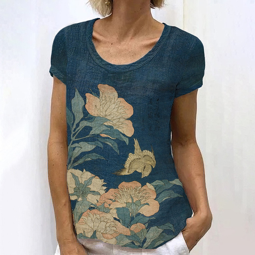 Japanese Art Flower Print Linen Blend Casual T-Shirt
