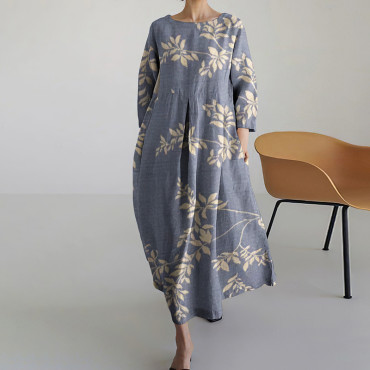 Japanese Art Flower Print Long Sleeve Casual Midi Dress