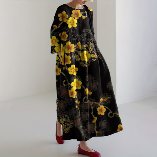 Japanese Art Flower Print Long Sleeve Casual Midi Dress