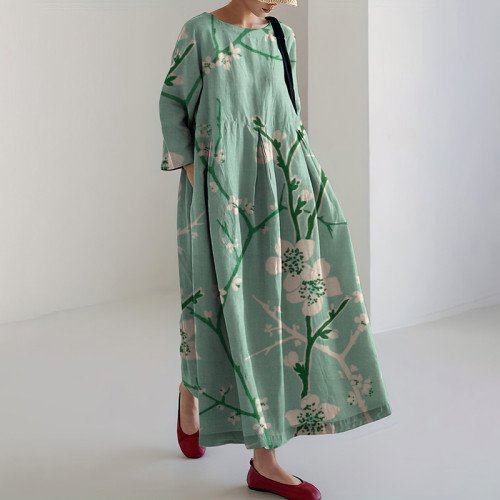 Japanese Art Flower Print Long Sleeve Casual Midi Dress