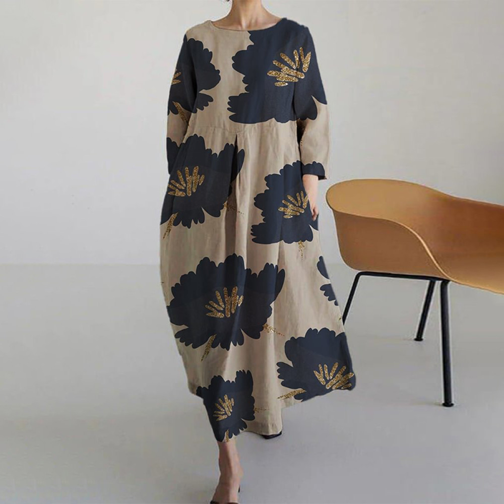 Japanese Art Flower Print Long Sleeve Casual Midi Dress