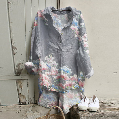 Japanese Art Flower Print Long Sleeve Casual Shirt