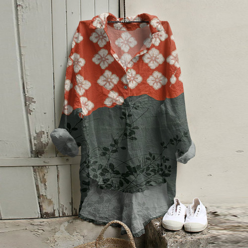 Japanese Art Flower Print Long Sleeve Casual Shirt