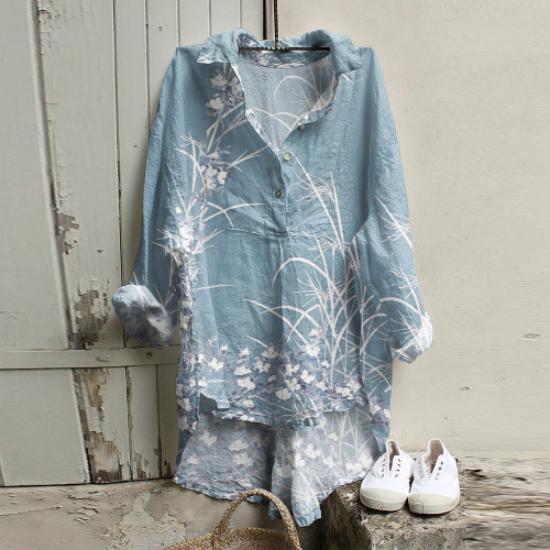 Japanese Art Flower Print Long Sleeve Loose Shirt
