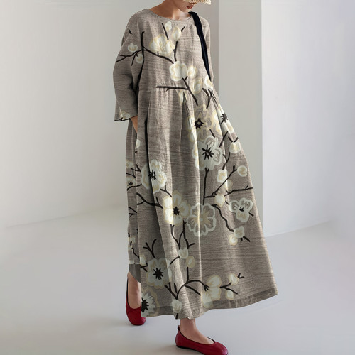 Japanese Art Flower Print Long Sleeves Loose Midi Dress