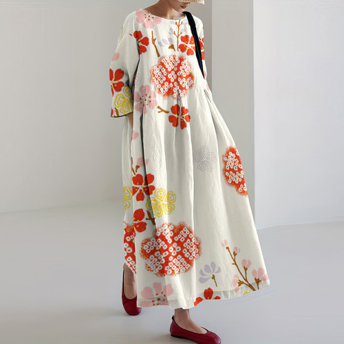 Japanese Art Flower Print Loose Casual Midi Dress