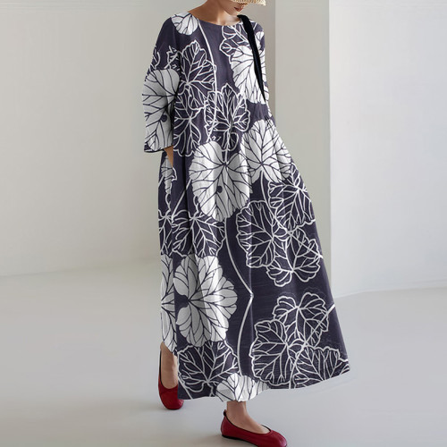 Japanese Art Flower Print Loose Casual Midi Dress