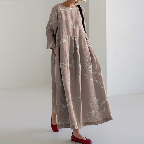 Japanese Art Flower Print Loose Casual Midi Dress