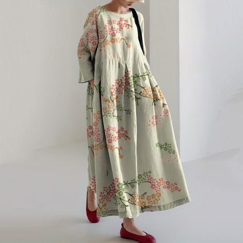 Japanese Art Flower Print Loose Casual Midi Dress