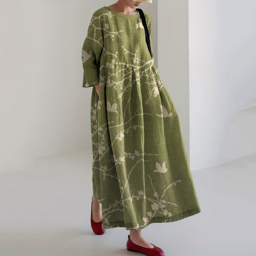 Japanese Art Flower Print Loose Casual Midi Dress