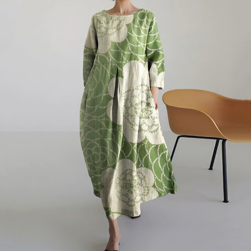 Japanese Art Flower Print Loose Casual Midi Dress