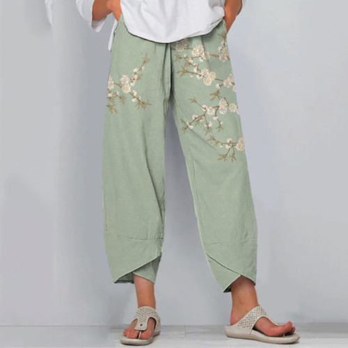 Japanese Art Flower Print Loose Casual Pants