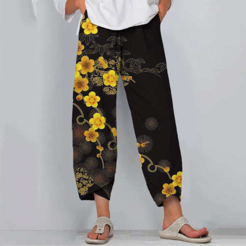 Japanese Art Flower Print Loose Casual Pants