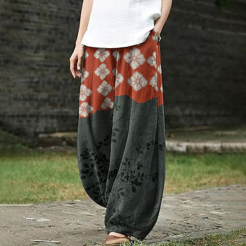 Japanese Art Flower Print Loose Casual Pants