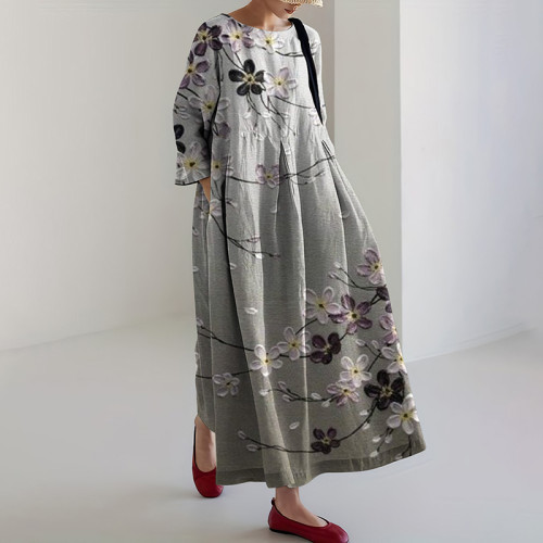 Japanese Art Flower Print Loose Midi Dress