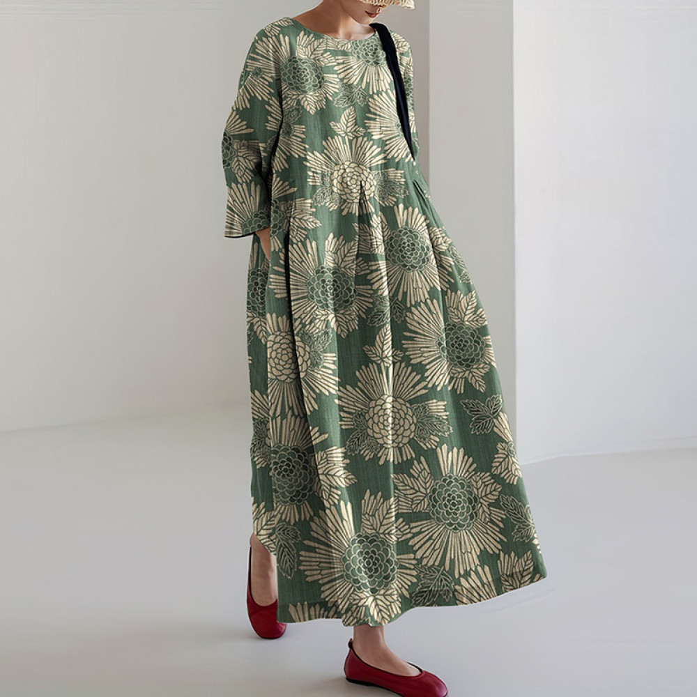 Japanese Art Flower Print Loose Midi Dress
