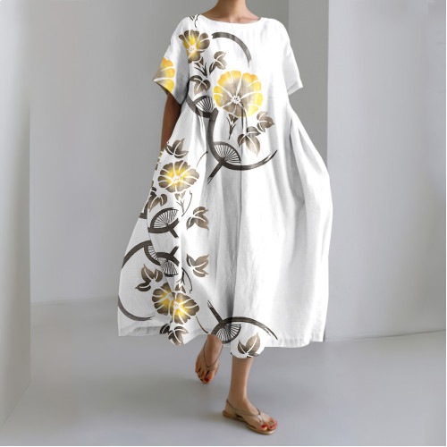 Japanese Art Flower Print Loose Midi Dress