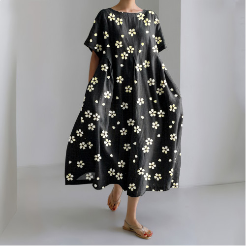 Japanese Art Flower Print Loose Midi Dress