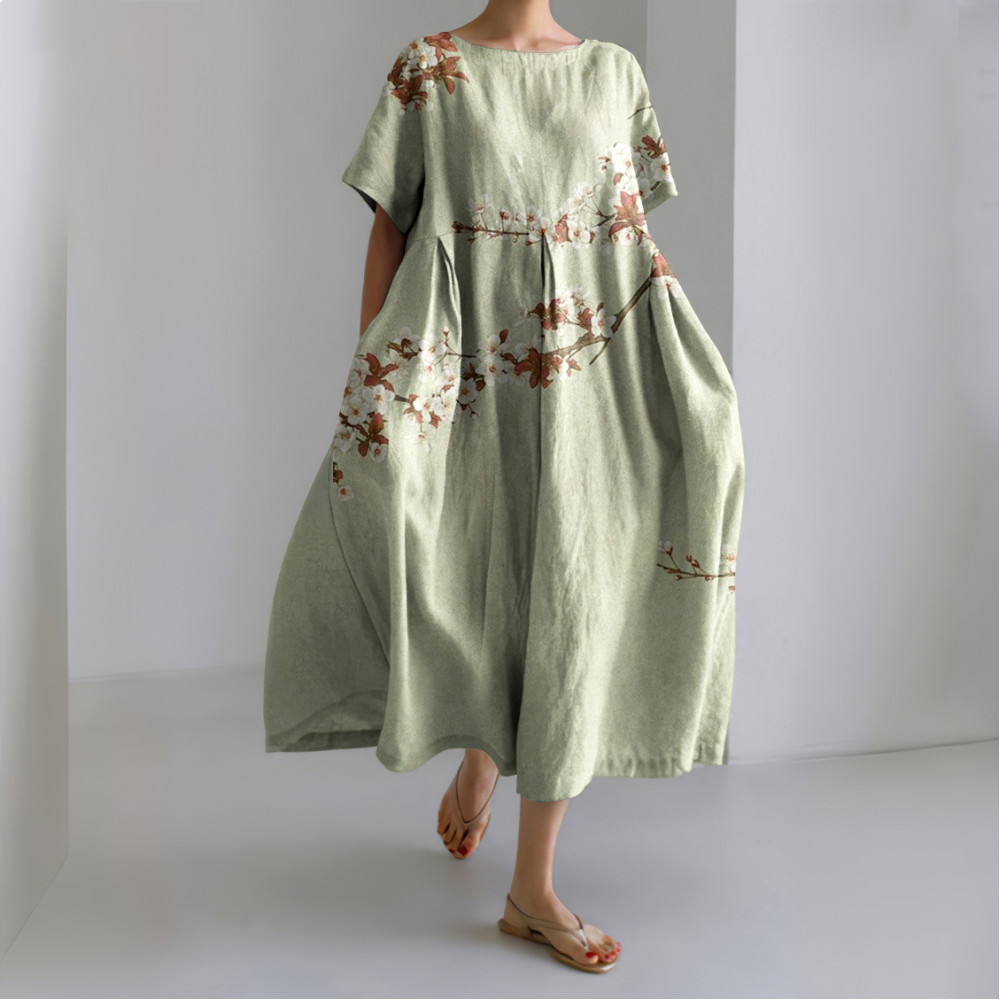 Japanese Art Flower Print Loose Midi Dress