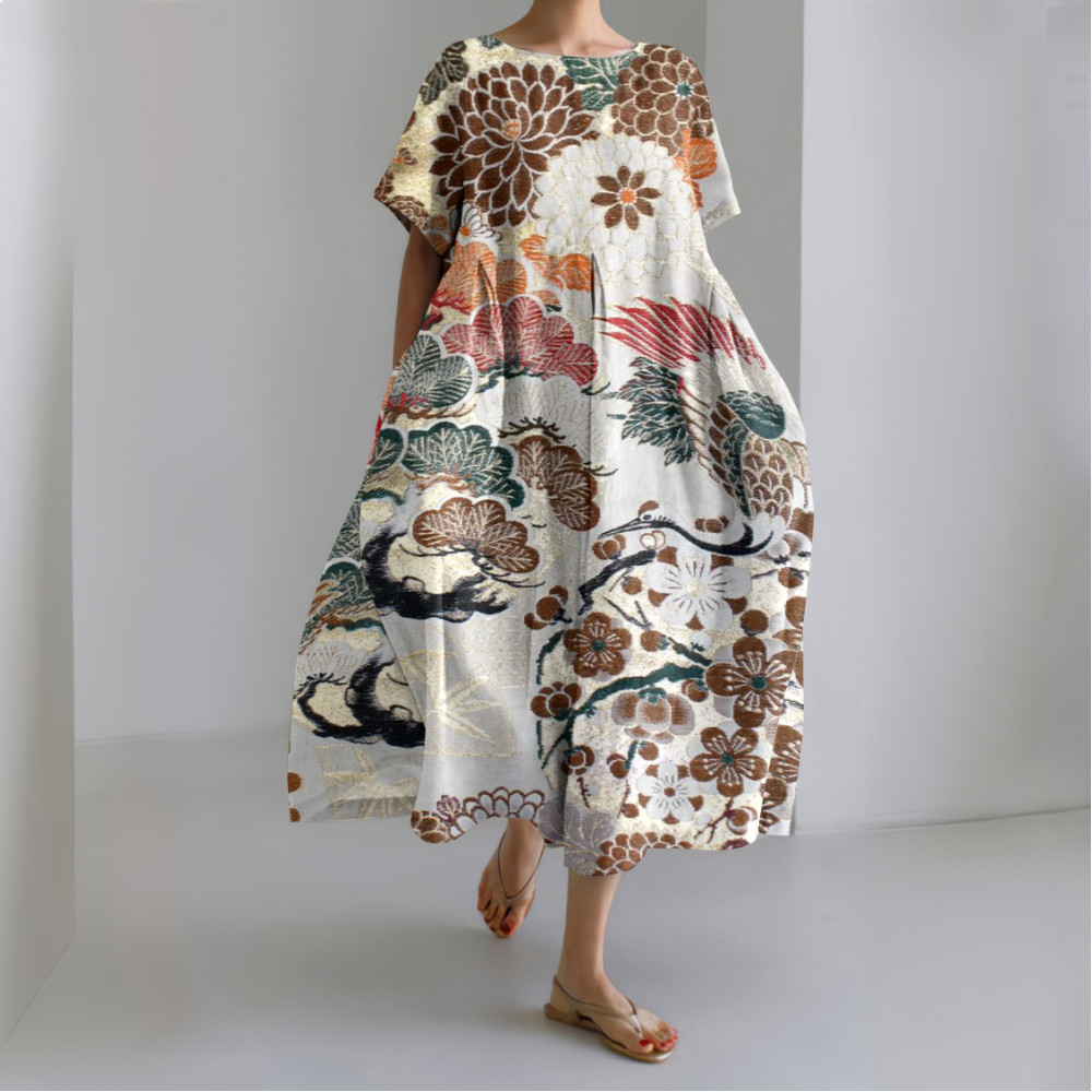 Japanese Art Flower Print Loose Midi Dress