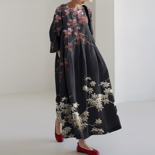 Japanese Art Flower Print Loose Midi Dress
