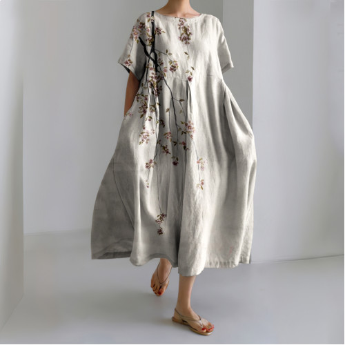 Japanese Art Flower Print Loose Midi Dress