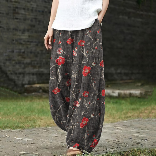Japanese Art Flower Print Loose Pants