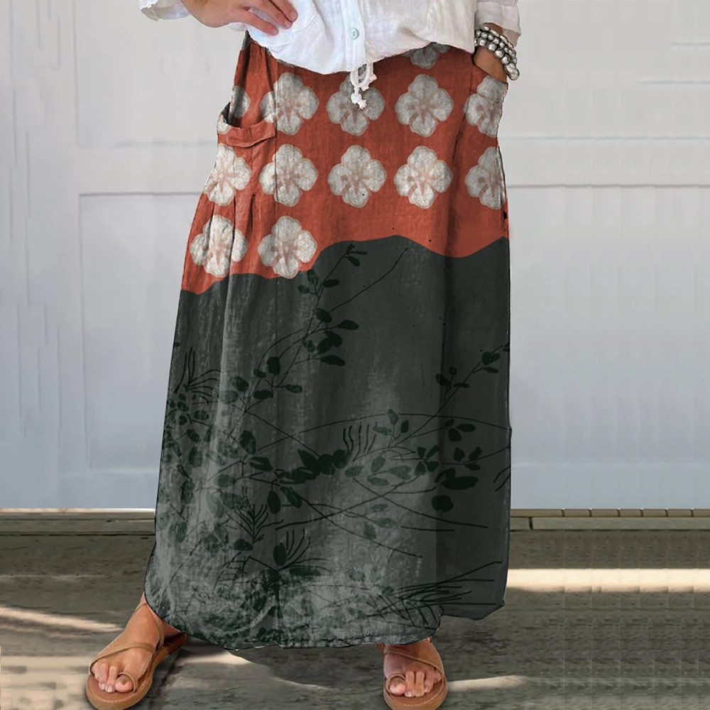 Japanese Art Flower Print Loose Skirt