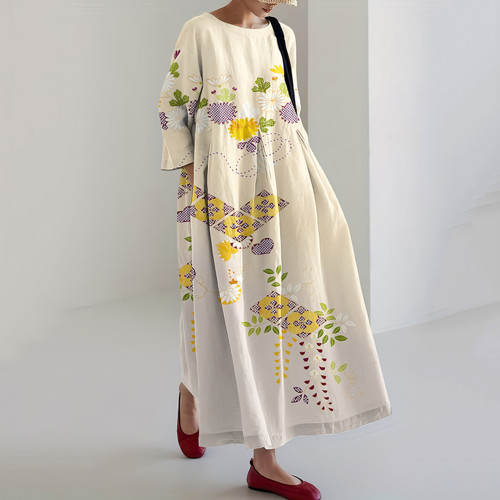 Japanese Art Flower Print Round Neck Casual Midi Dress