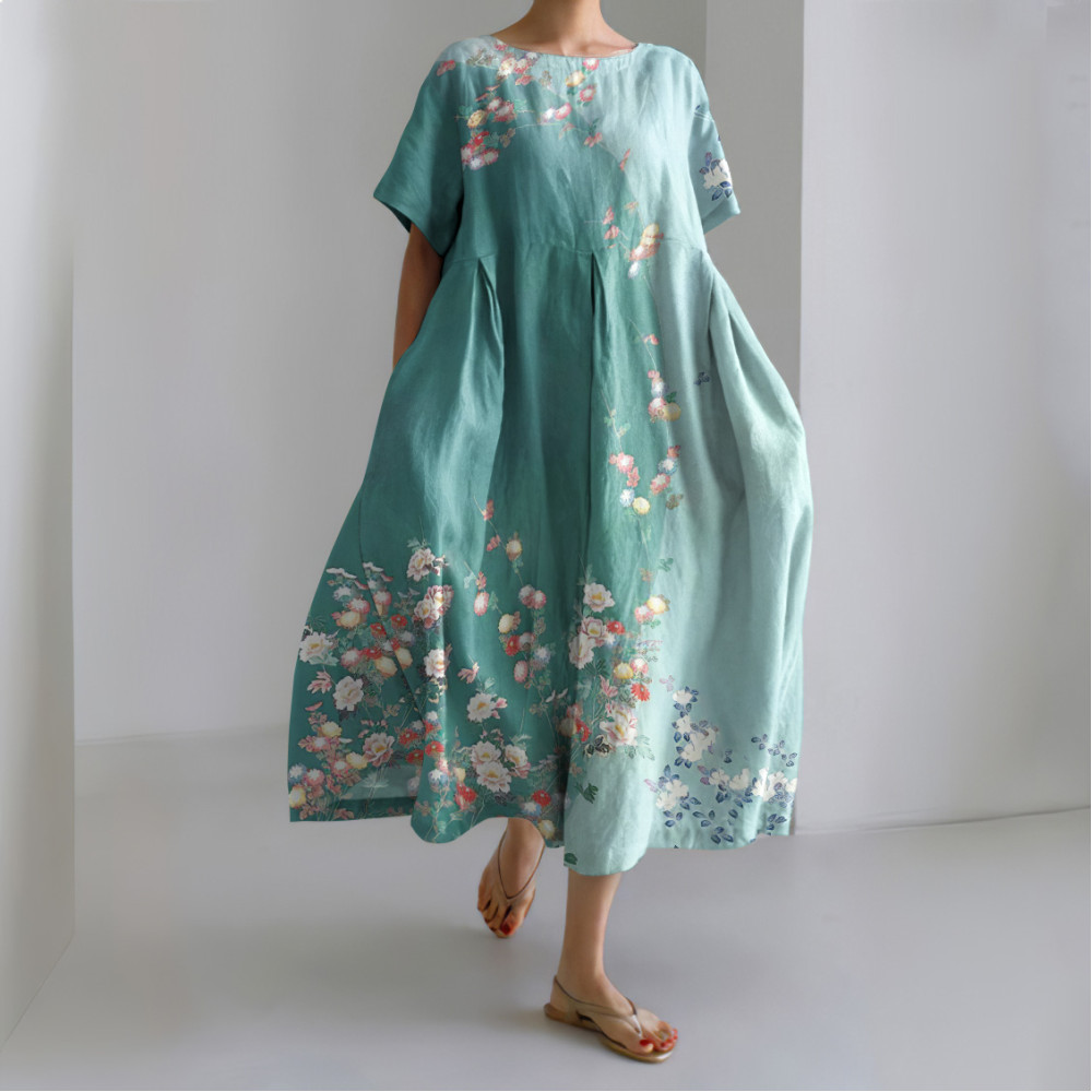 Japanese Art Flower Print Round Neck Casual Midi Dress